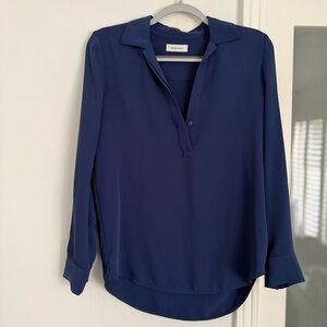 Babaton Deep Navy Collared V-Neck Long-Sleeve Blouse